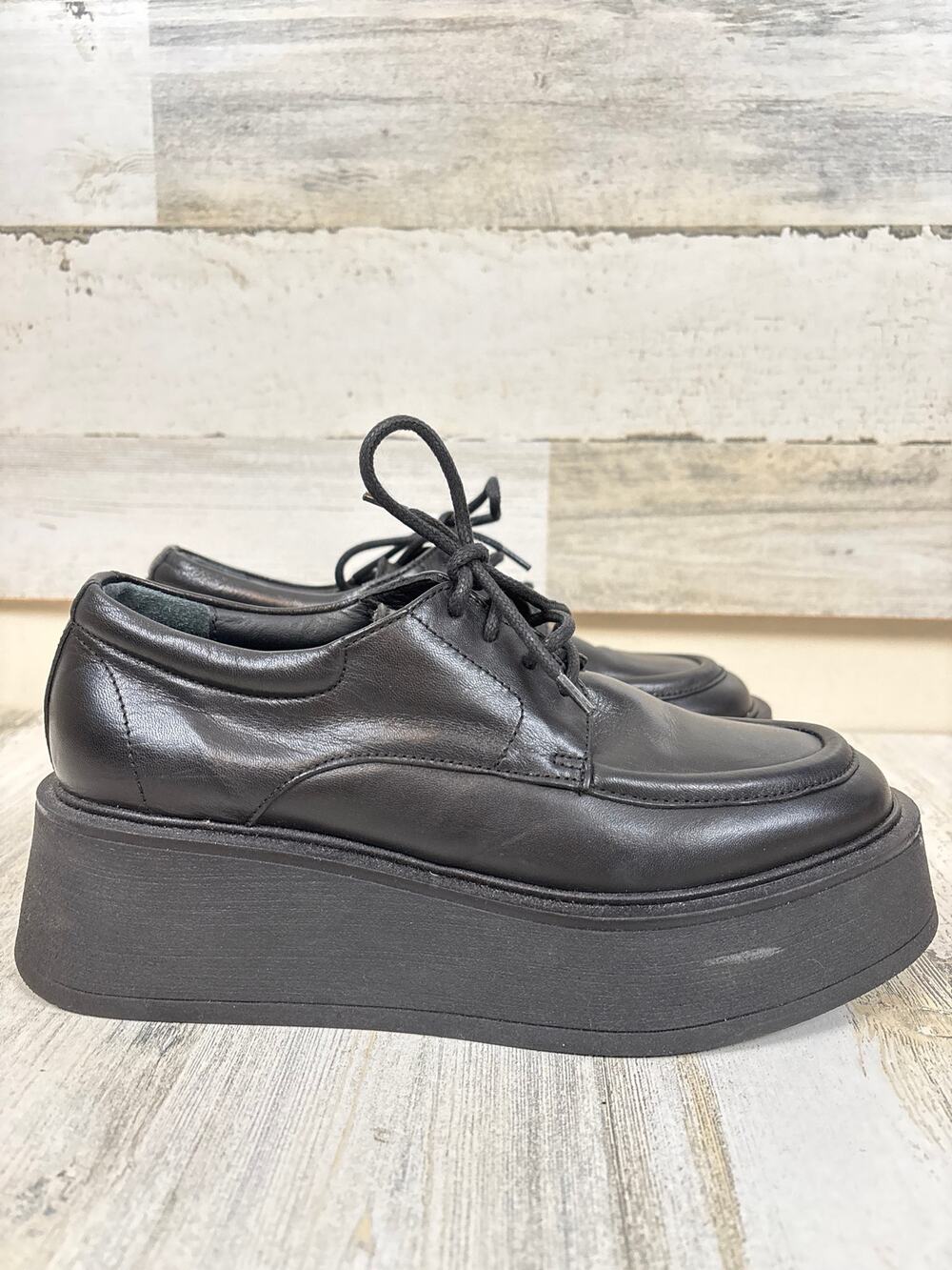 8 By Yoox Womens 37 Black Platform Loafers Leather Chunky Lace Up Chic